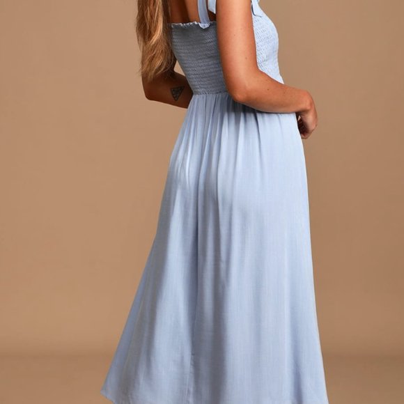 Lulu’s Looking Up Light Blue Smocked Tie-Strap Midi Dress Size XS - Picture 5 of 6